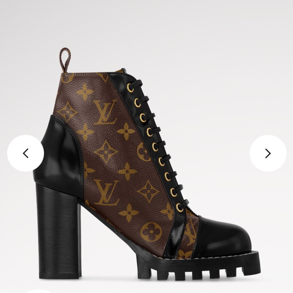 Louis Vuitton Brown Monogram Leather Combat Ankle Boots with Black Cap Toe - Picture 2 of 3
